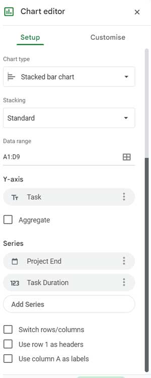 Stacked bar Gantt chart settings: Setup tab