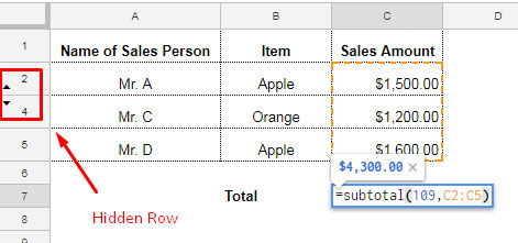 Subtotal function used normally with hidden rows