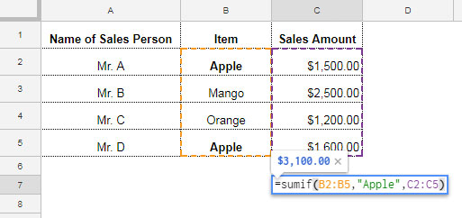 SUMIF function used in a regular use case.