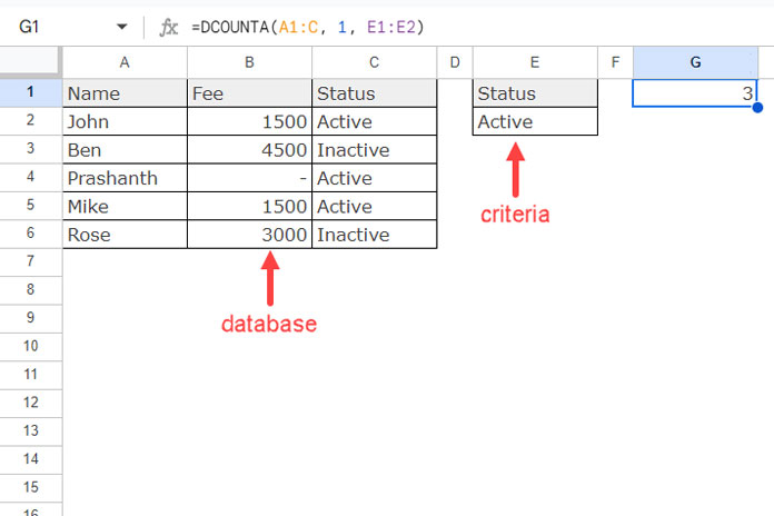 DCOUNTA function example in Google Sheets, counting non-blank cells based on criteria