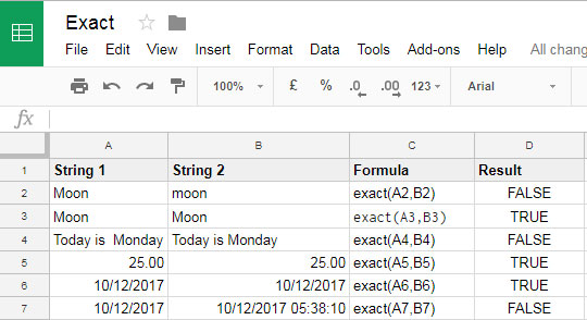 Examples of Formulas Using the EXACT Function