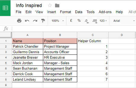 Google Sheets Helper Column