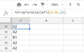 left and array formula combined use in Google Sheets