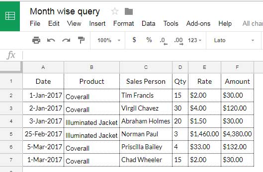 Sample Data: Google Sheets Query Month Function