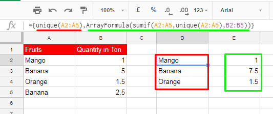 join UNIQUE and SUMIF together in Google Sheets