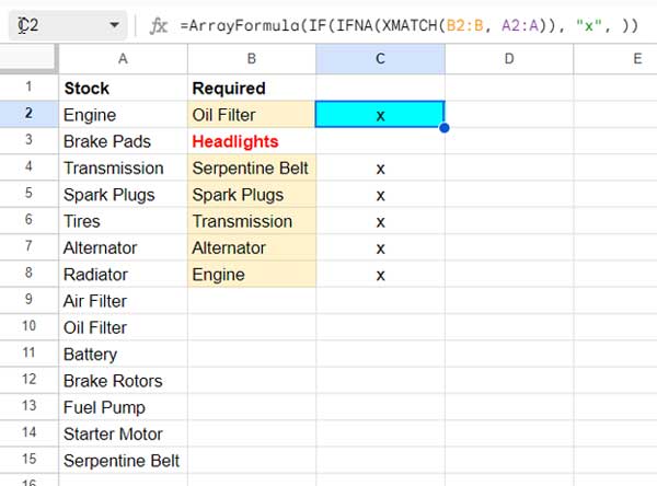 Example of Comparing Two Columns for Matching Values in Google Sheets