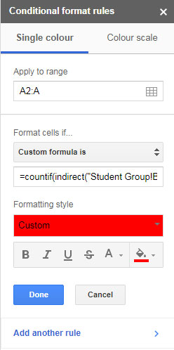 Indirect conditional formatting rules in google sheets - Settings