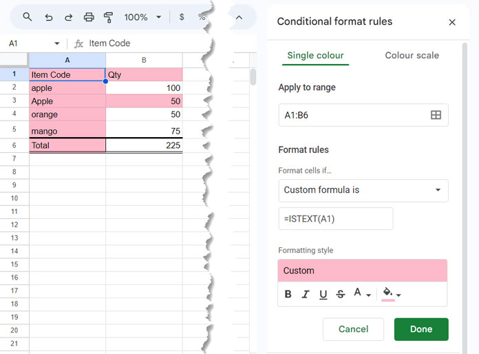 Conditional formatting rule to highlight text entries in a range