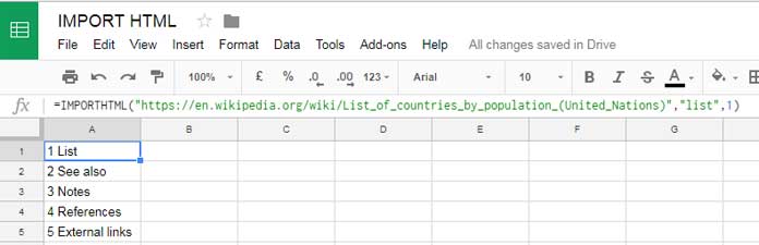 import a list in to google sheets from web pages
