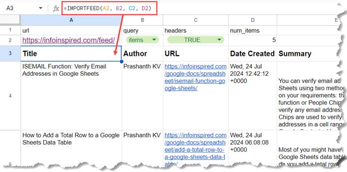 Example of Using the IMPORTFEED Function in Google Sheets