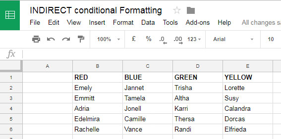 Sample Data - Indirect function in conditional formatting