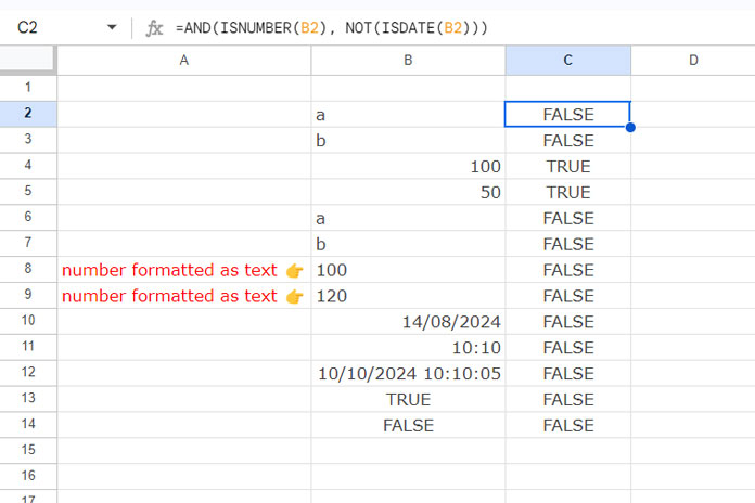 Return FALSE if cell content is a date or time using ISNUMBER