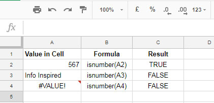 Examples to ISNUMBER Formula in Google Sheets