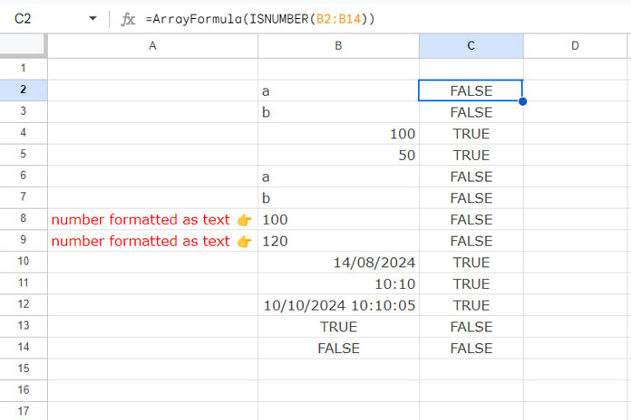 ISNUMBER function used with ARRAYFORMULA in Google Sheets