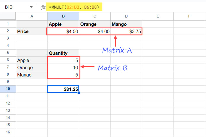 MMULT Formula Example 1: 1x3 Matrix and 3x1 Matrix