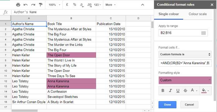 Multi column dependent highlighting in google sheets