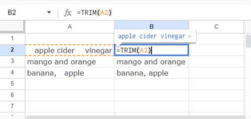 Example of the TRIM function in Google Sheets