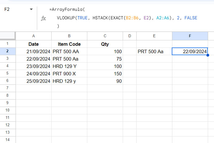 Example of Case-Sensitive Reverse VLOOKUP