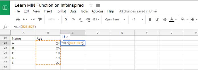 use min function in google sheets