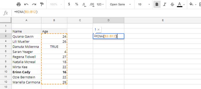 Example to the use of MINA in Google Sheets