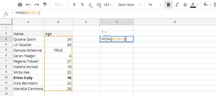 Exemple d'utilisation de MINA dans Google Sheets