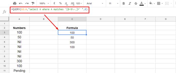 query formula in google sheets to filter only numeric values