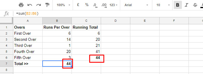 Running total example in google doc spreadsheet