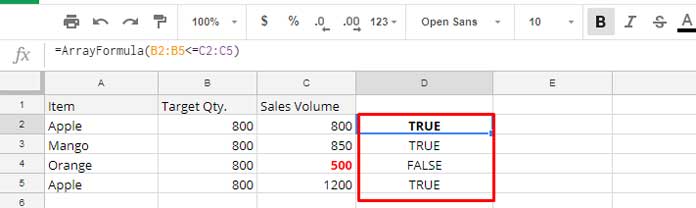 true or false array result for MINA test