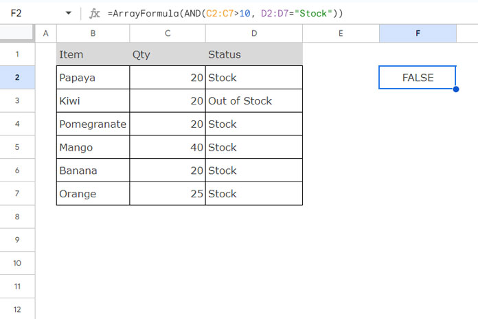 Example of using the AND function in a 2D array for a single output