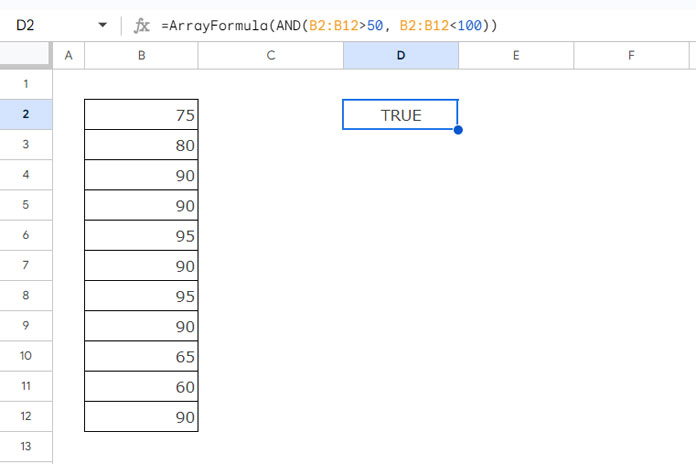 Example of using the AND function in a one-dimensional array for a single output