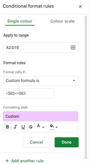 Applying Custom Formula Rules to Highlight Rows with Value Changes