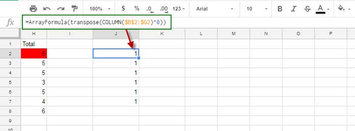 create matrix from column number in google sheets