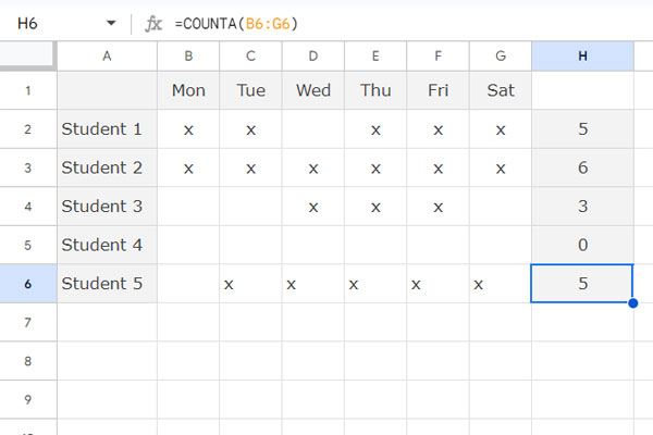 Sample data with a drag-down COUNTA formula applied