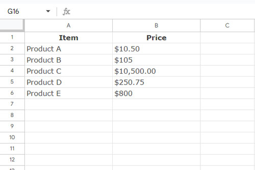 Sample data displaying currency-formatted text