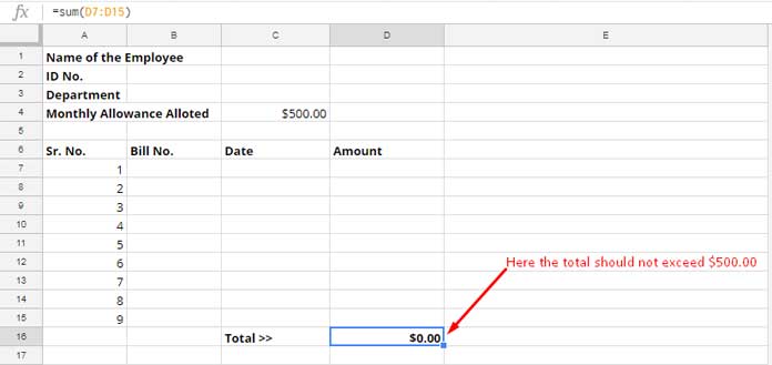 example to limit column total in google sheets