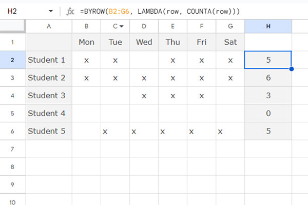 Expanded count results using COUNTA with the BYROW function