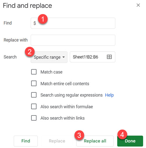 Find and Replace settings for converting currency text to numbers