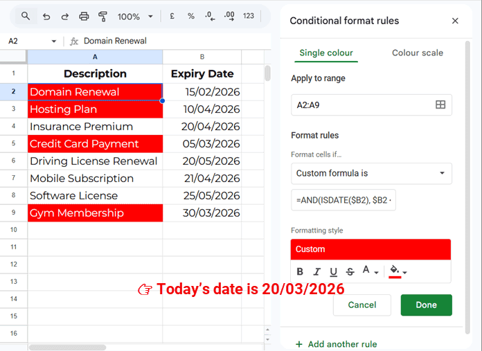 Applying a custom conditional formatting formula to highlight the description column based on expiry dates in another column