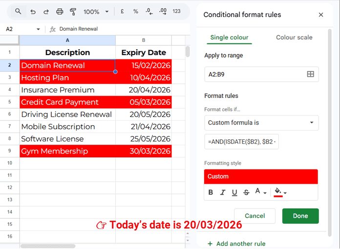 Using a custom conditional formatting formula to highlight both description and expiry date columns for entries expiring within one month