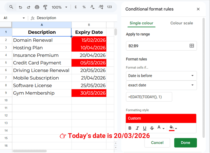 Highlighting expiry dates within one month using a built-in conditional formatting rule in Google Sheets