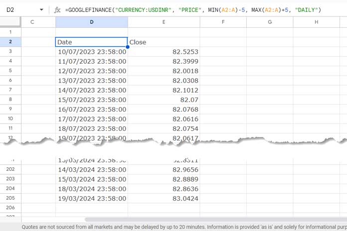 Google Finance formula to lookup dates and return currency exchange rates