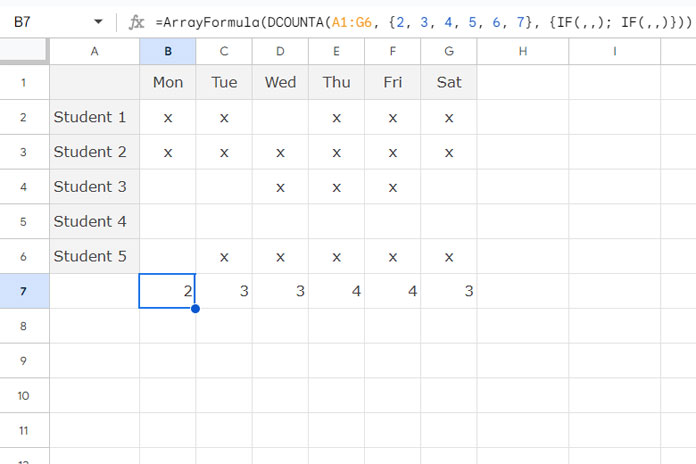  DCOUNTA formula for expanded count results displayed horizontally