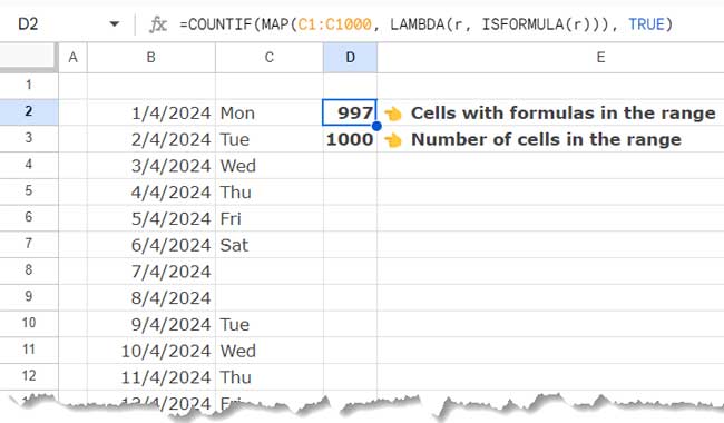 Using ISFORMULA function in a range in Google Sheets