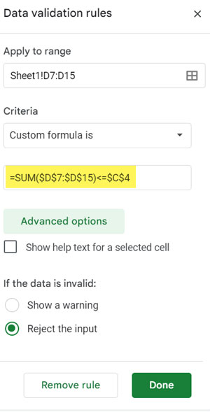 Data validation settings for limiting the sum in a range in Google Sheets