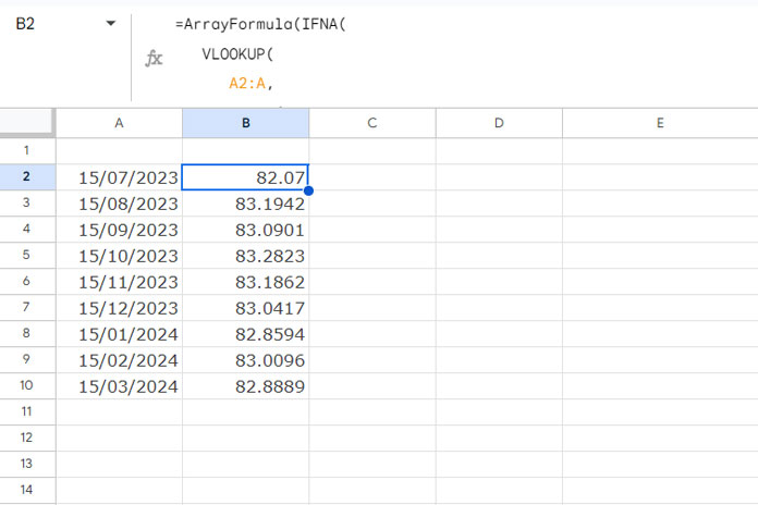 Lookup dates and return currency exchange rates in an array