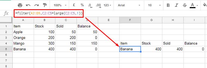 large function with filter in google sheets