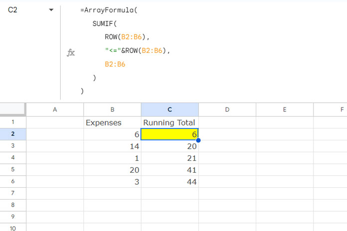 Running Total Array Formula in Sheets