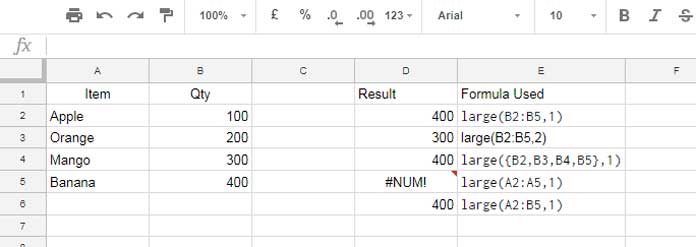 How to Use Large Function in Google Sheets - Example
