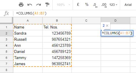 example to columns function in google sheets
