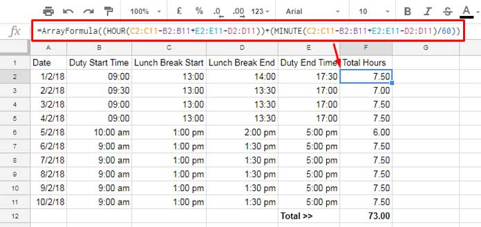 Sample Data to Deduct Lunch Break Time